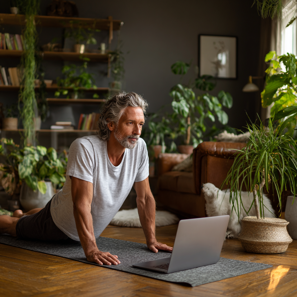 Мъж на 52 години прави йога у дома пред лаптоп, следвайки онлайн занятие, в уютна стая с растения
