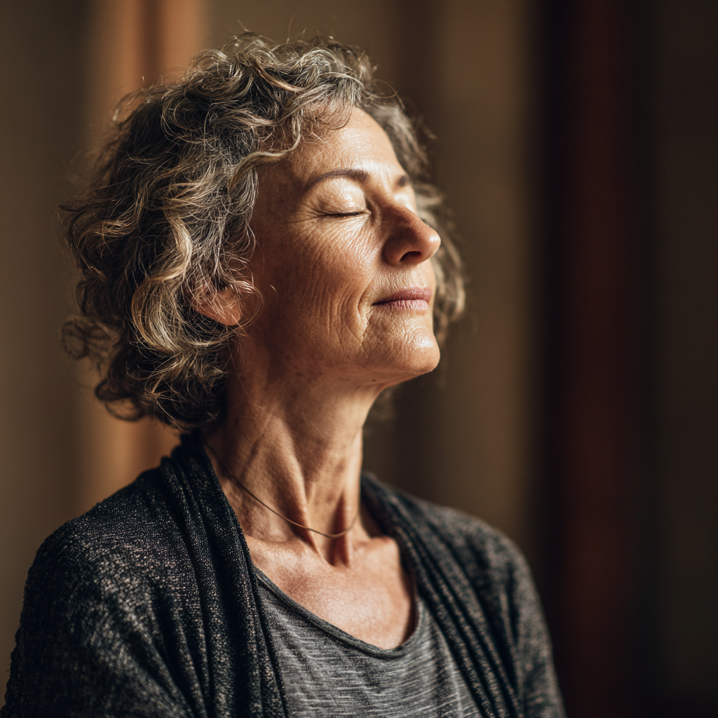 Спокойна жена на 58 години седи в медитативна поза с затворени очи в тиха йога зала с мека природна светлина