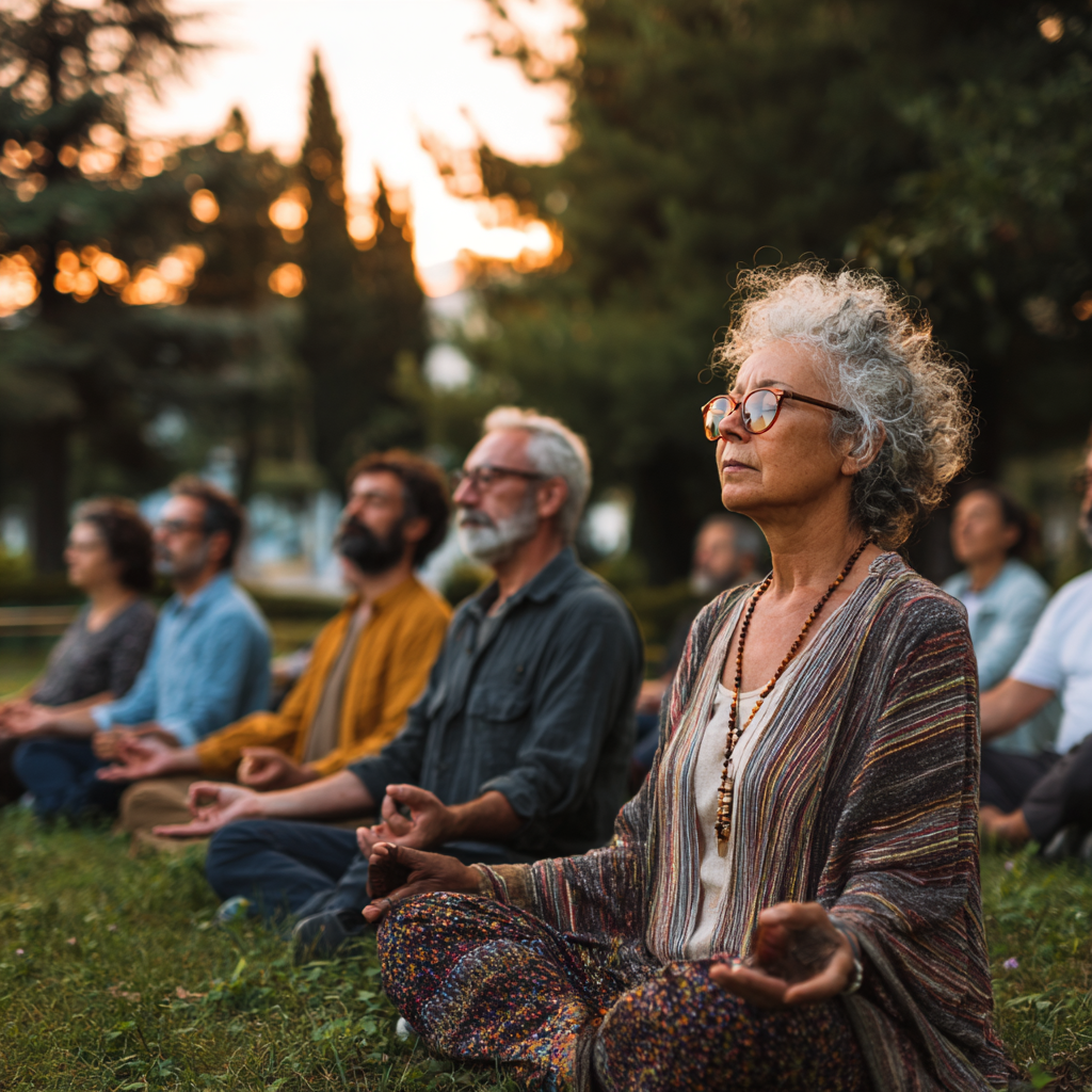 Група от хора на възраст между 50-60 години медитират на открито сутрин в парк, заобиколени от зелена природа